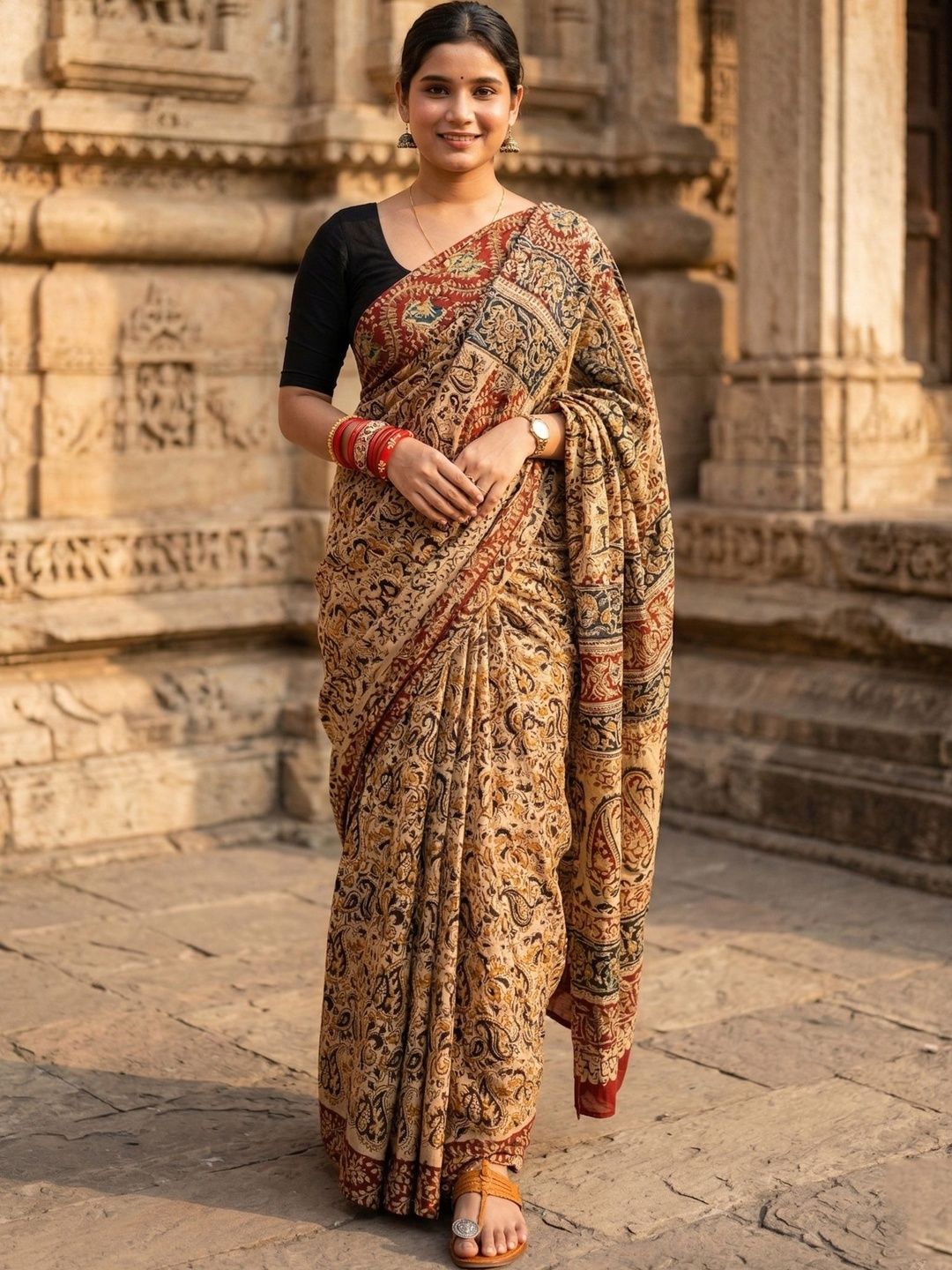 KALINI Handloom Block Print Kalamkari Linen Blend Saree
