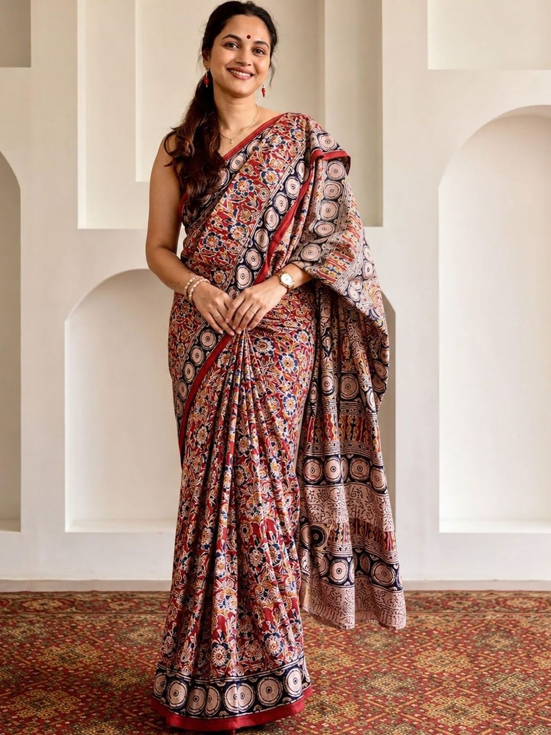 KALINI Linen Blend Kalamkari Saree with Block Print