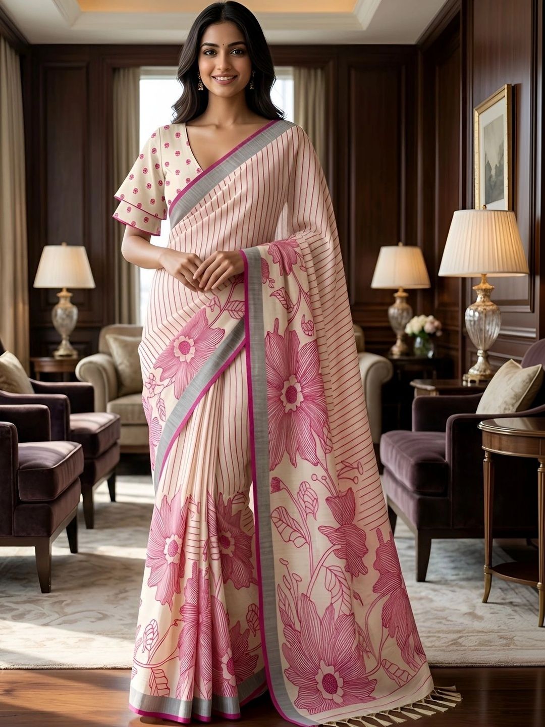 KALINI Linen Blend Kalamkari Saree