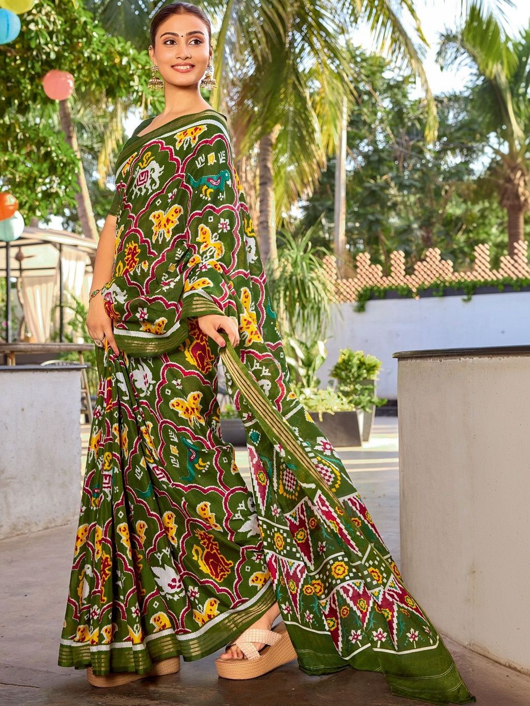 KALINI Olive Green Zari Accent Ikat Sarees