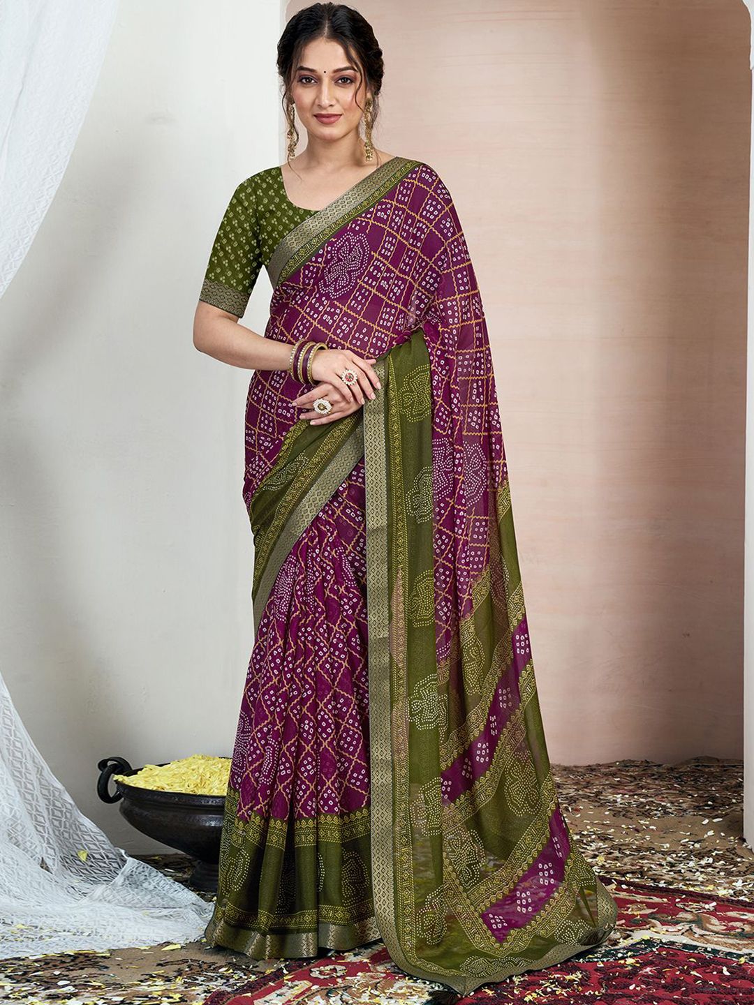 Kalini Pure Chiffon Zari Bandhani Saree Women