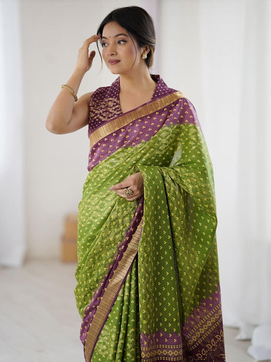 KALINI Pure Cotton Zari Bandhani Saree Women