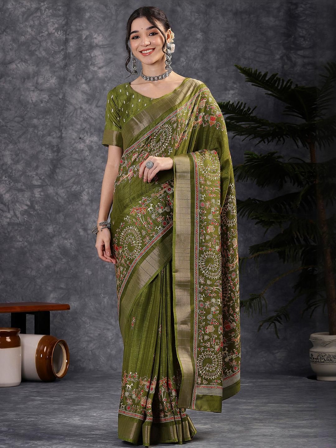 Kalini Traditional Block Print Kalamkari Saree