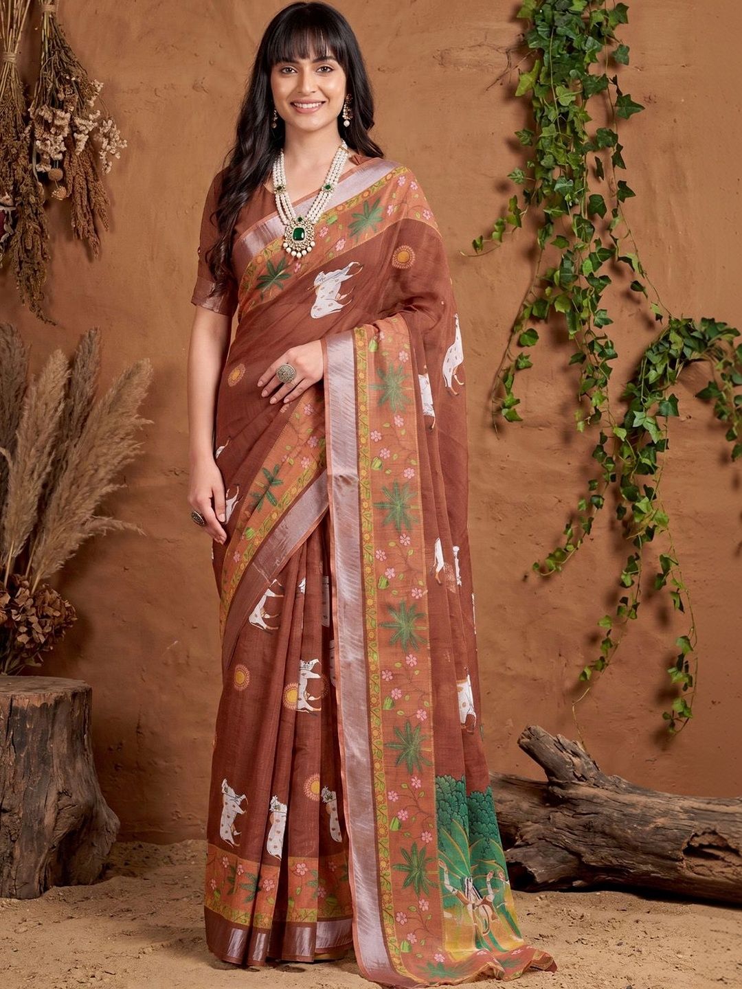 KALINI Zari Designer Block Print Kalamkari Saree