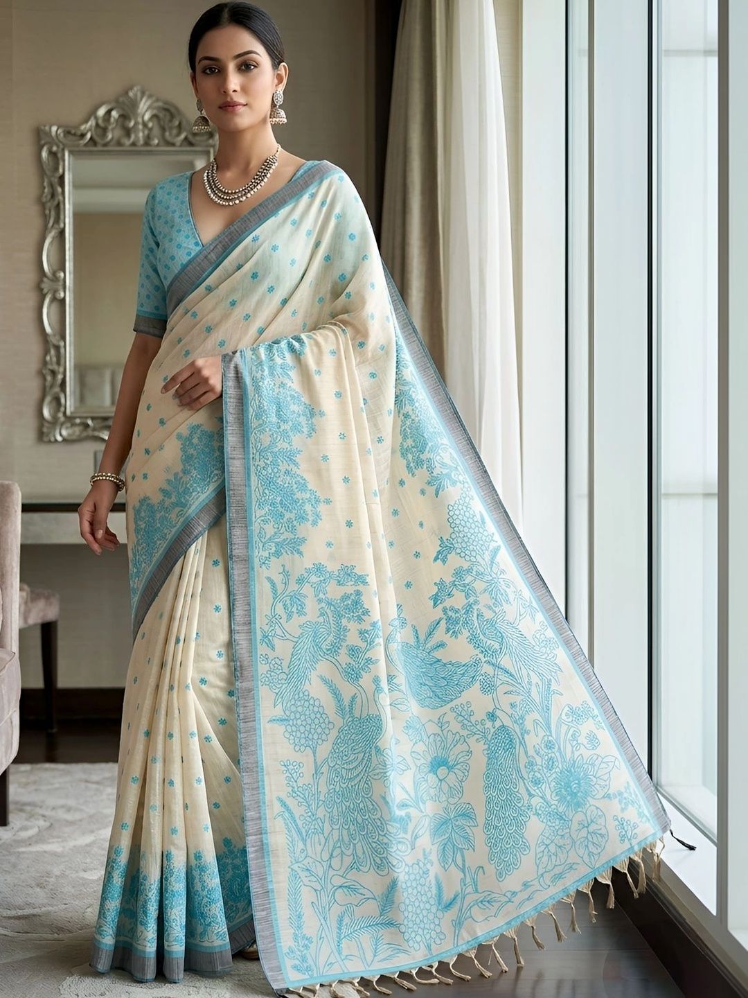 KALINI Zari Linen Blend Kalamkari Saree