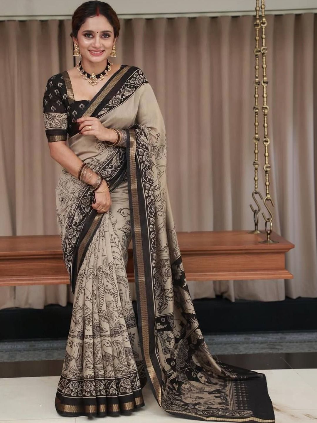 KIVERA Zari Linen Blend Kalamkari Saree