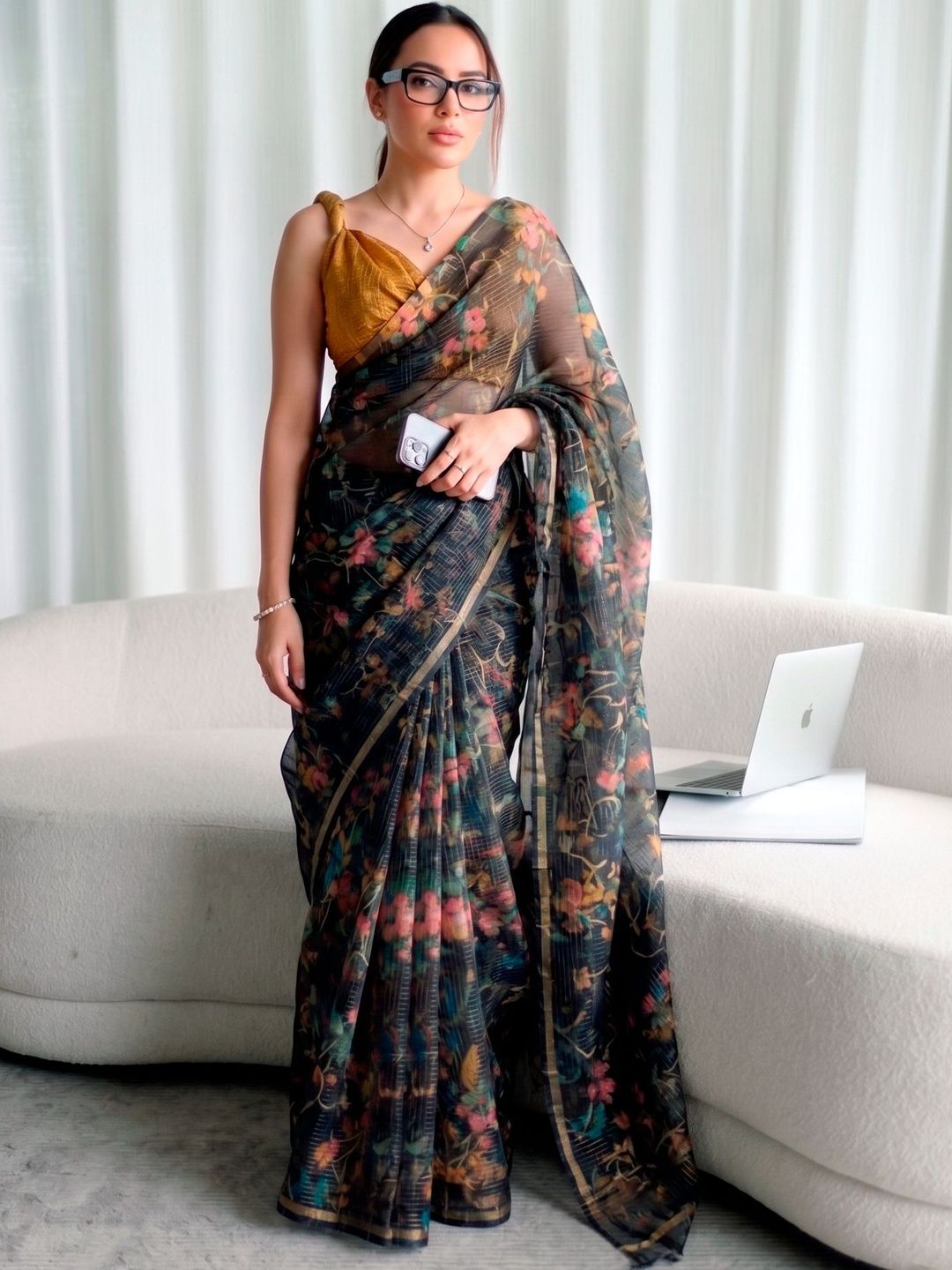 Kota Doria Floral Print Saree | Casual Saree For Women