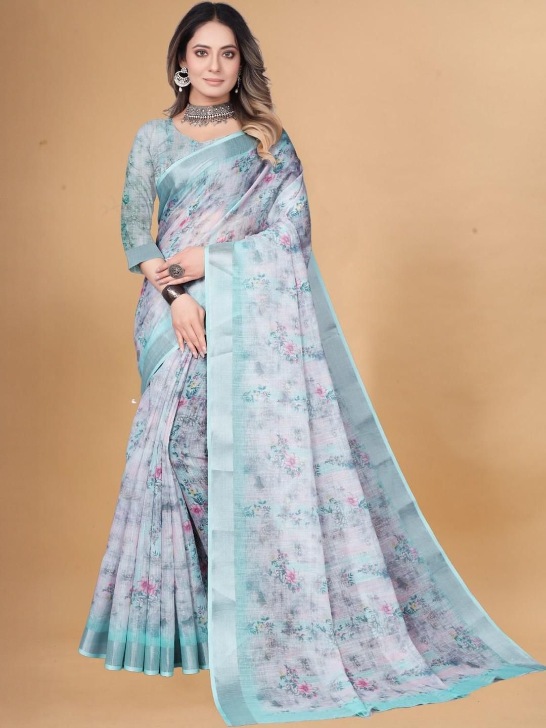 Krujha Teal Jamdani Silk Cotton Saree