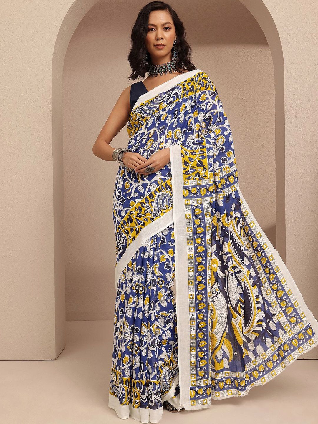 Libas Navy Blue Cotton Printed Saree with Blouse