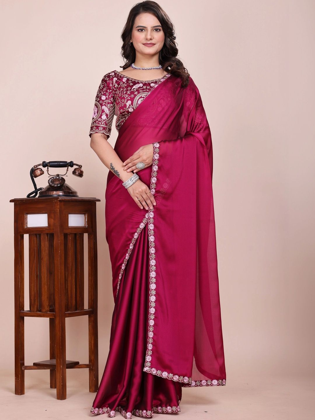 Melok Silk Blend Embroidered Kalamkari Saree