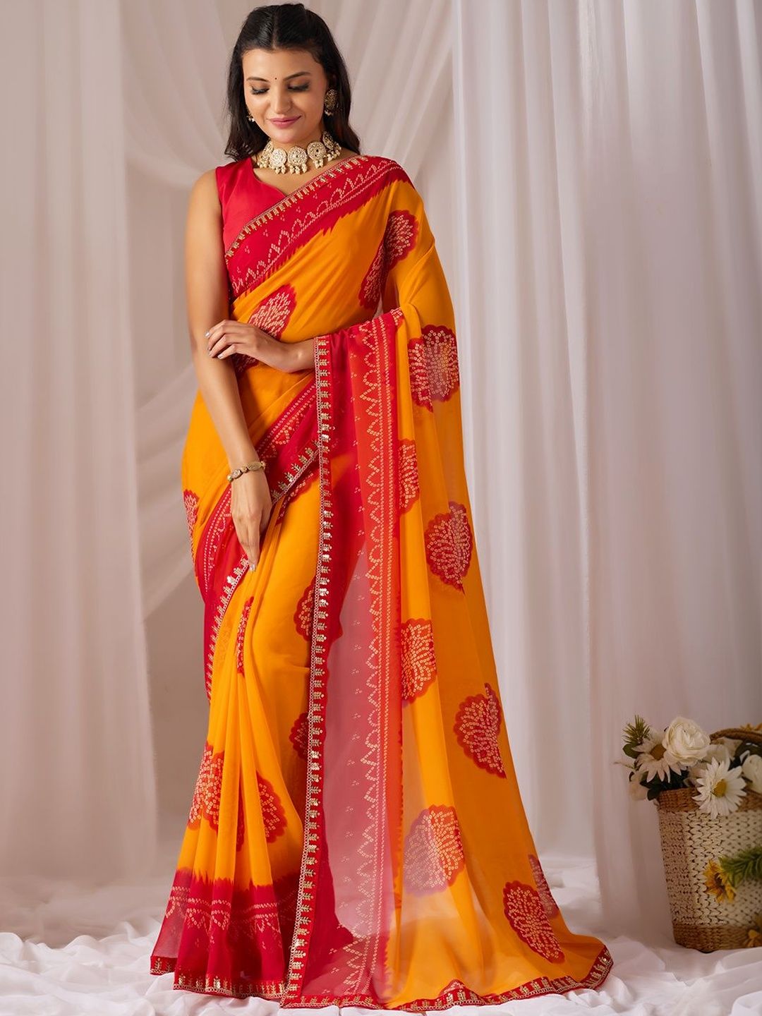 Mirror Work Poly Georgette Bandhani Saree Women