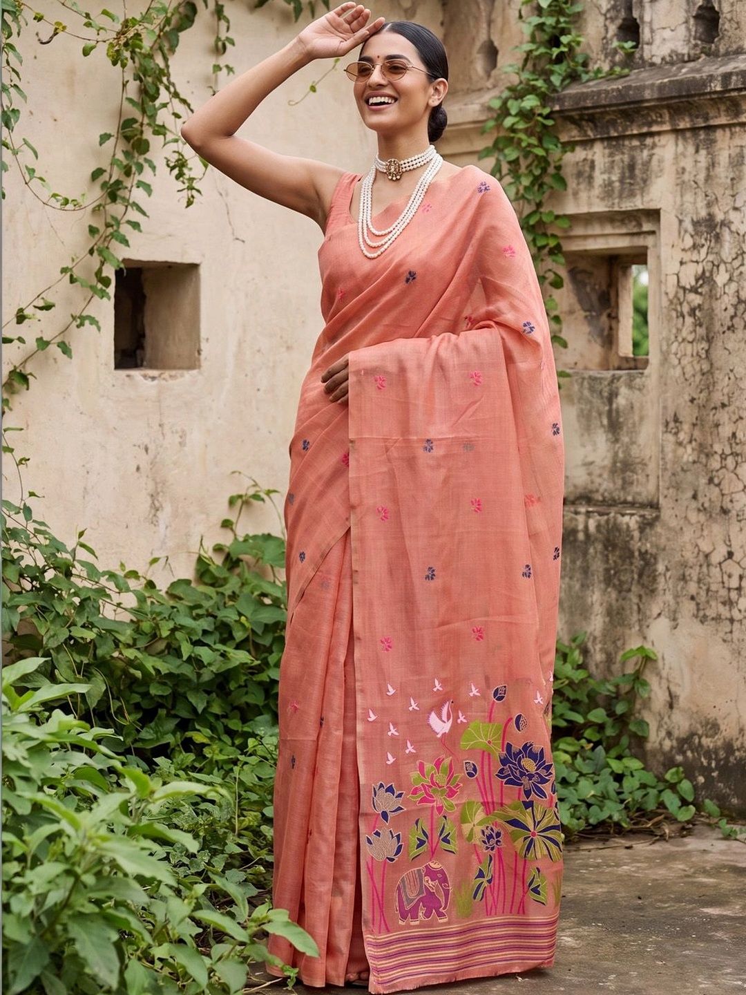 Mitera Embroidered Jamdani Kalamkari Saree