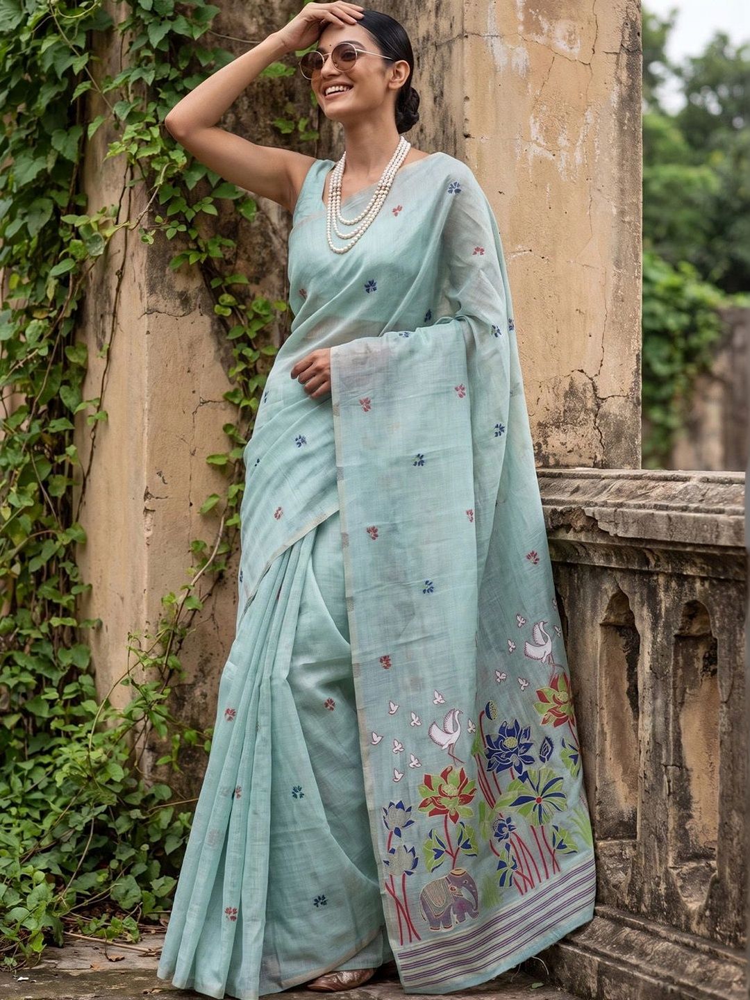 Mitera Jamdani Fusion Kalamkari Saree