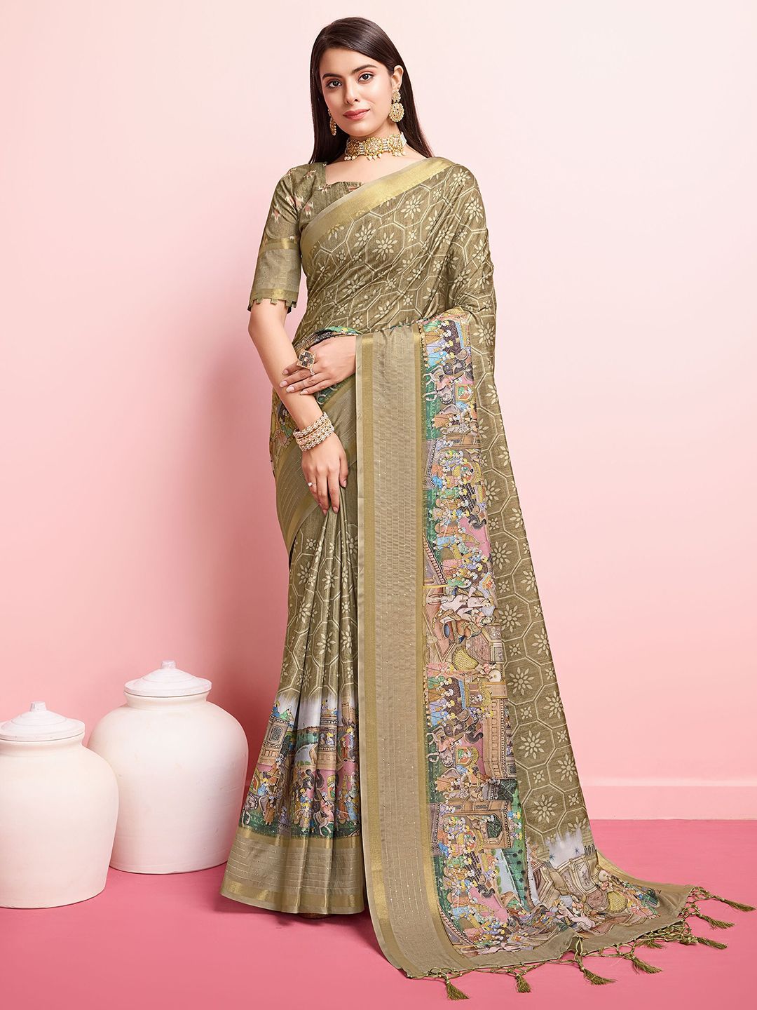 Mitera Kalamkari Printed Zari Saree