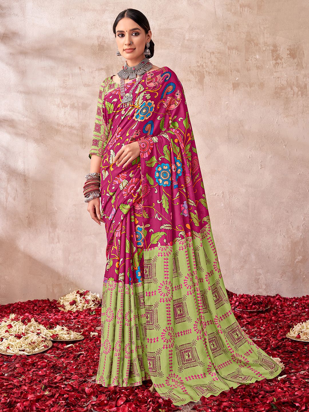 Mitera Pure Georgette Flowing Kalamkari Saree