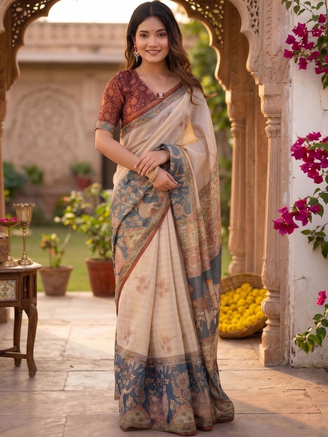Okom Pure Linen Zari Designer Kalamkari Saree