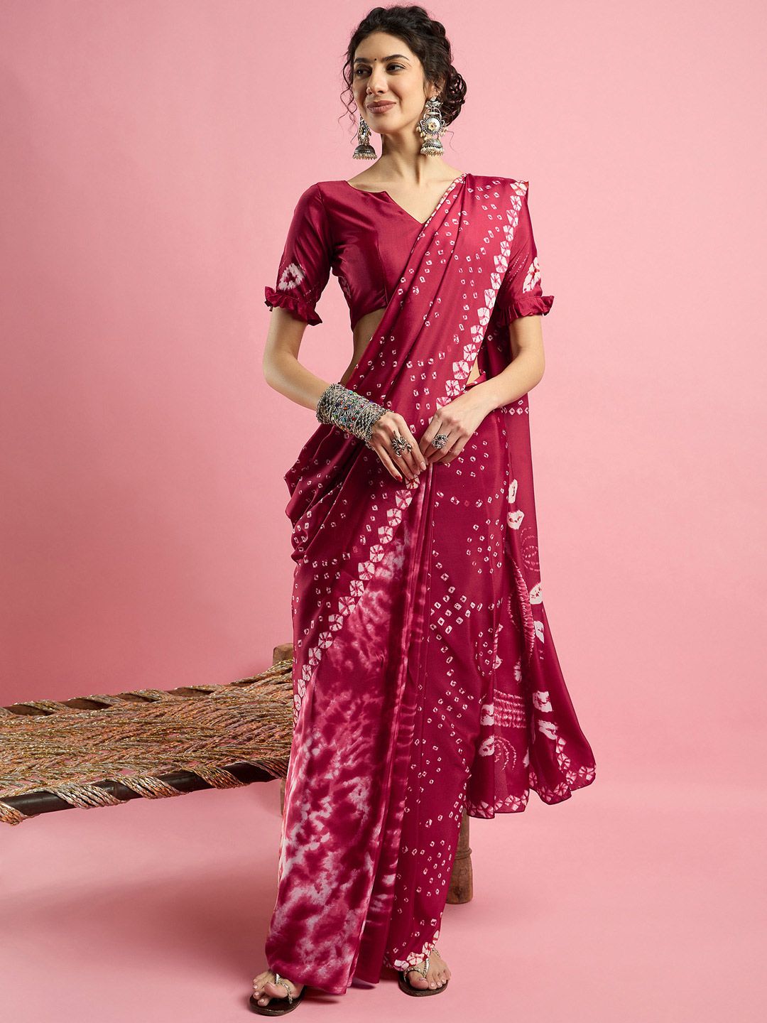 Printed Bandhani Saree With Blouse Women