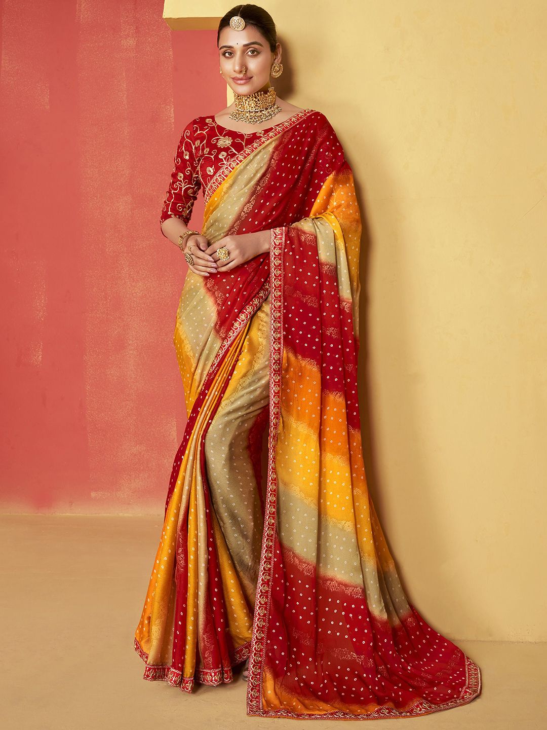 Printed Embroidered Bandhani Saree Women