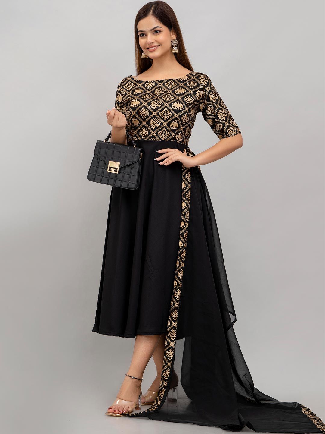 Printed Flared Ethnic Dress with Dupatta