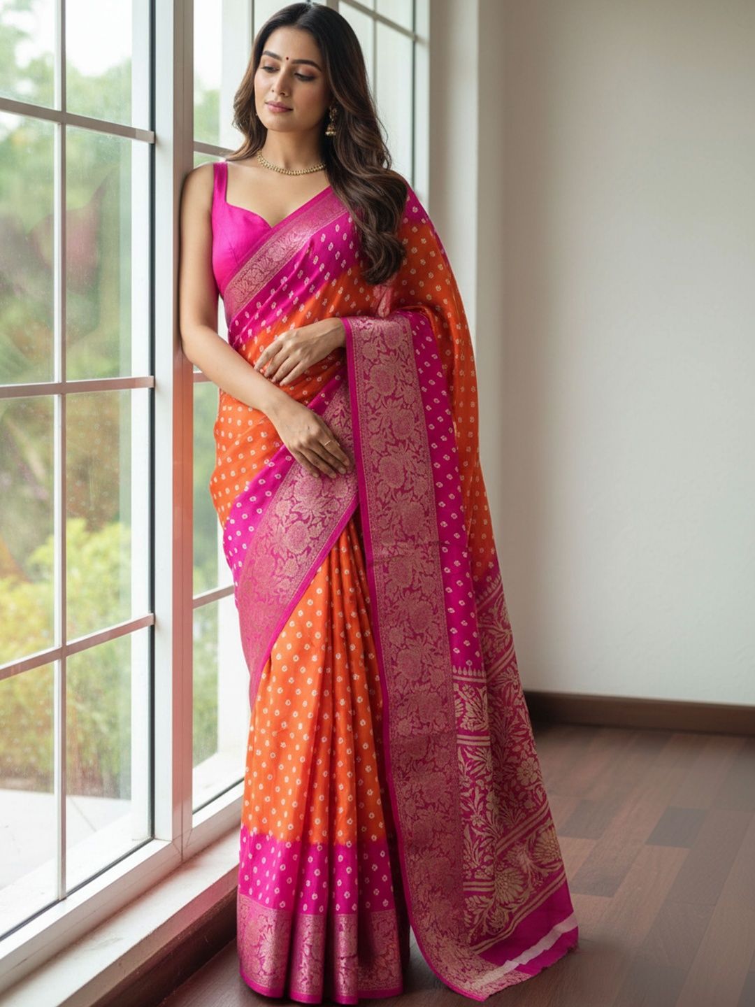 Pure Dola Silk Zari Bandhani Saree Women