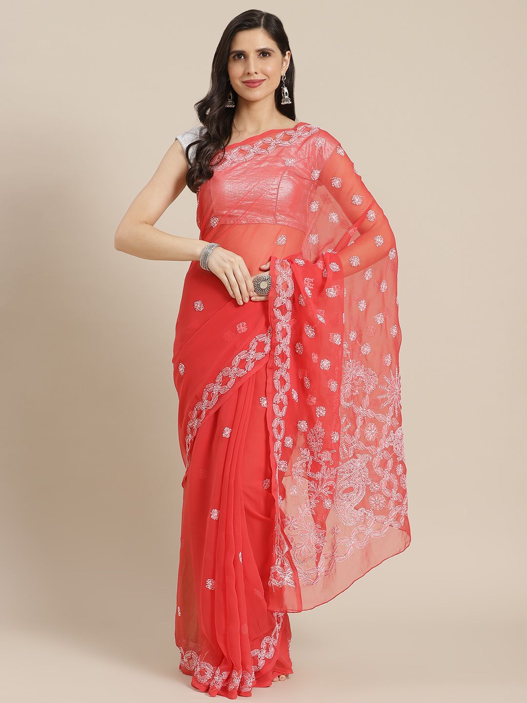 Red & White Chikankari Sarees | ADA Ethnic Wear