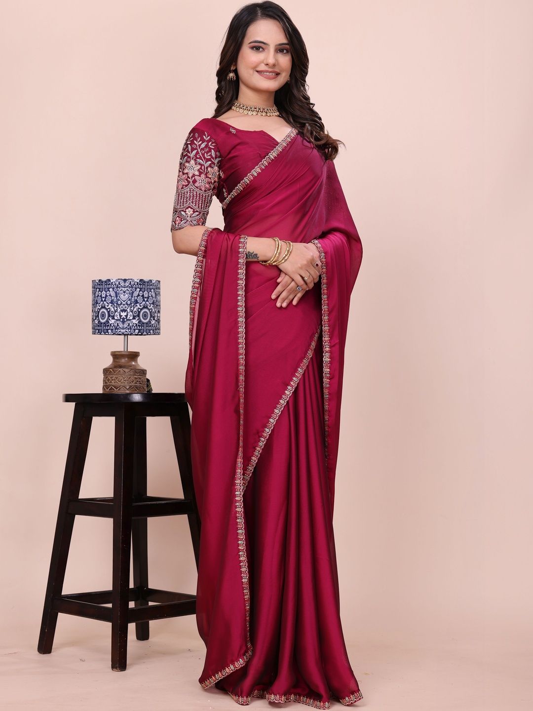 Saanvi Silk Blend Kalamkari Embroidered Saree