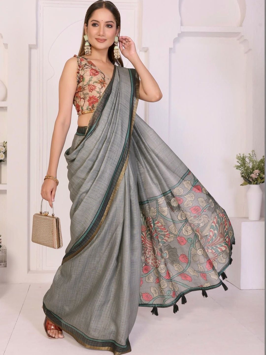 SAMANTHA Belted Zari Linen Blend Kalamkari Saree