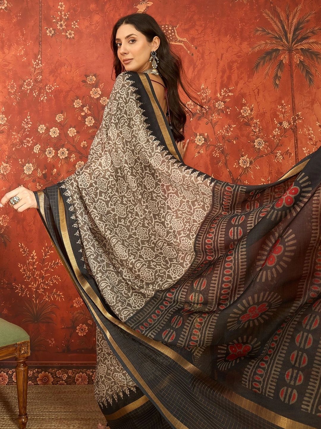 Sangria Elegance Kalamkari Zari Saree