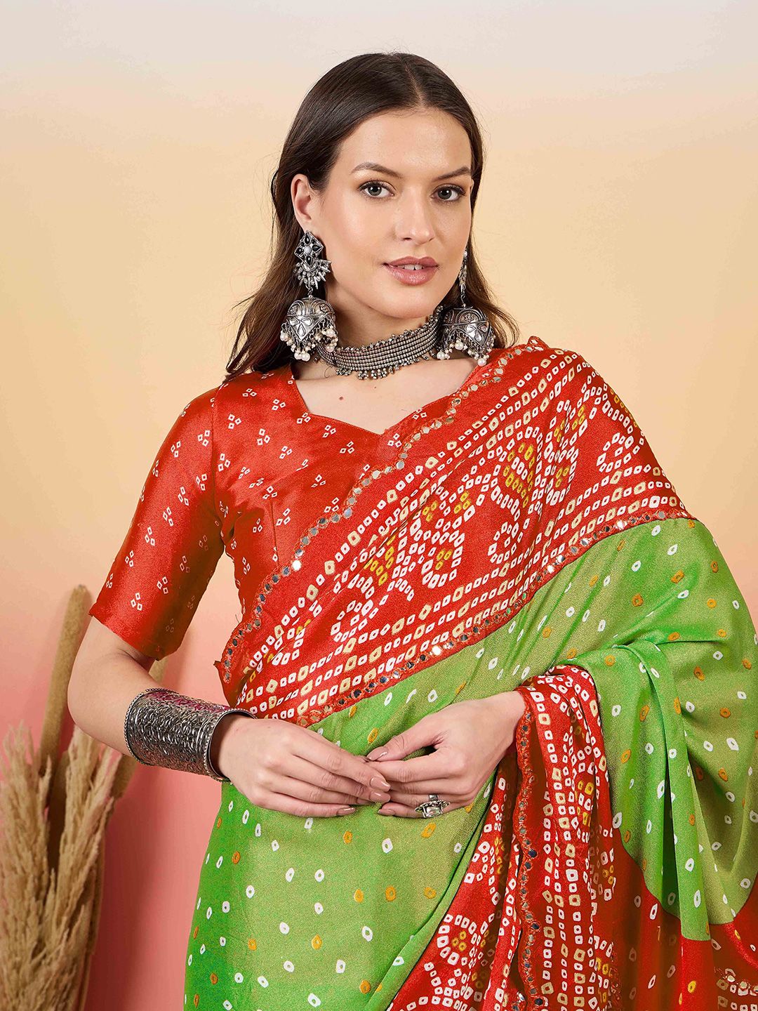 Sangria Mirror Work Printed Bandhani Saree