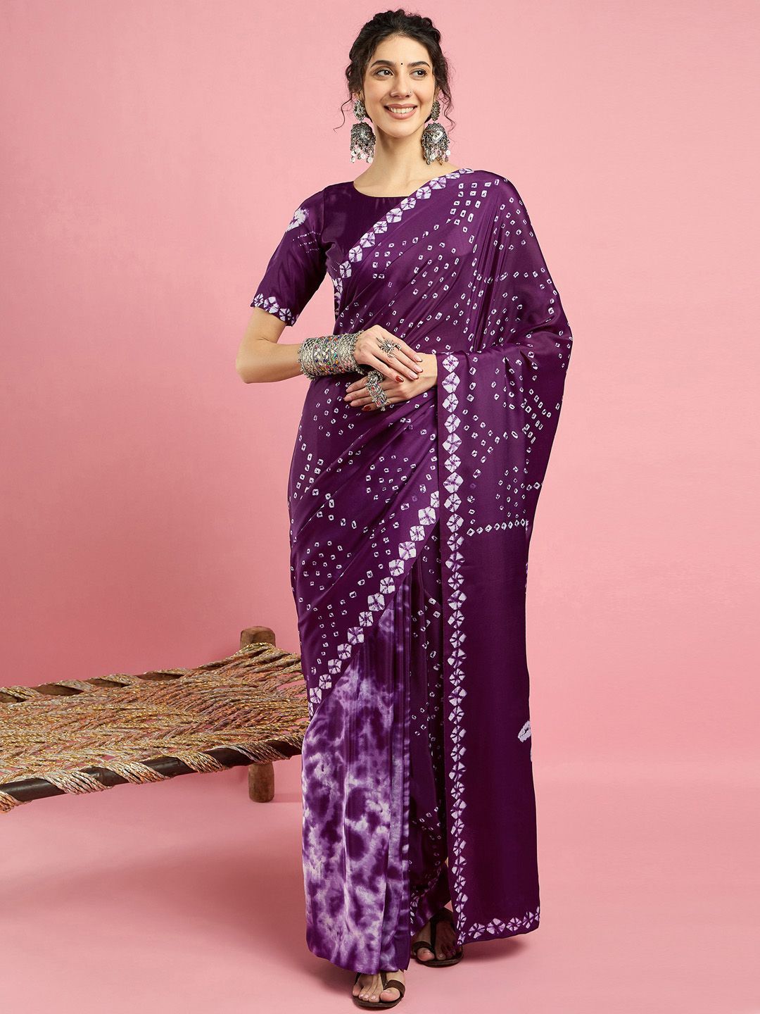 Sangria Printed Bandhani Saree With Blouse