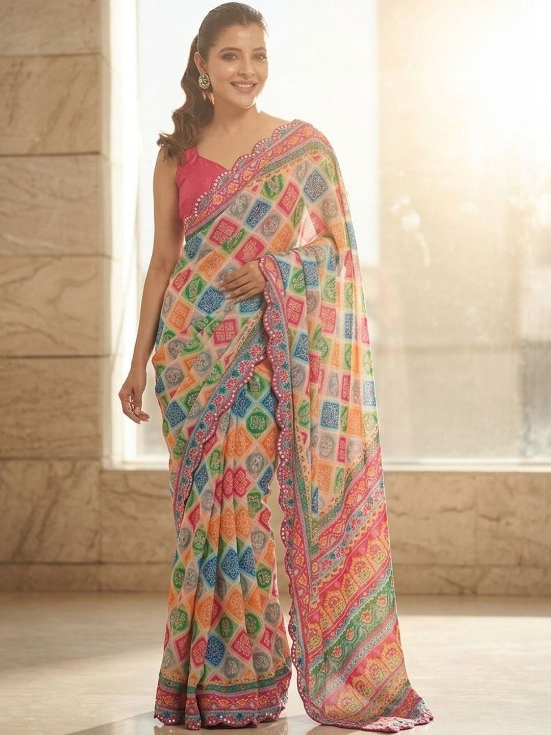 Sangria Printed Bandhani Saree Women with Blouse
