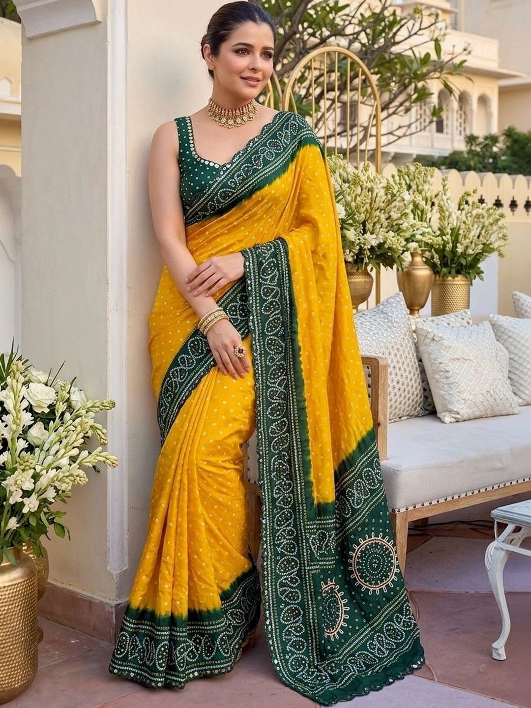 Sangria Pure Georgette Mirror Work Bandhani Saree Women