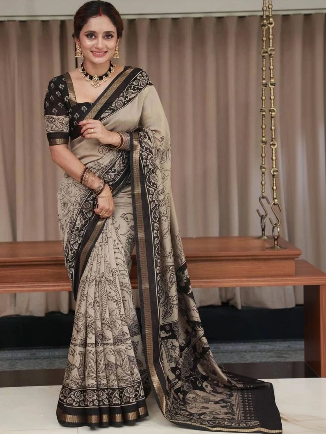 Sangria Pure Linen Designer Kalamkari Saree