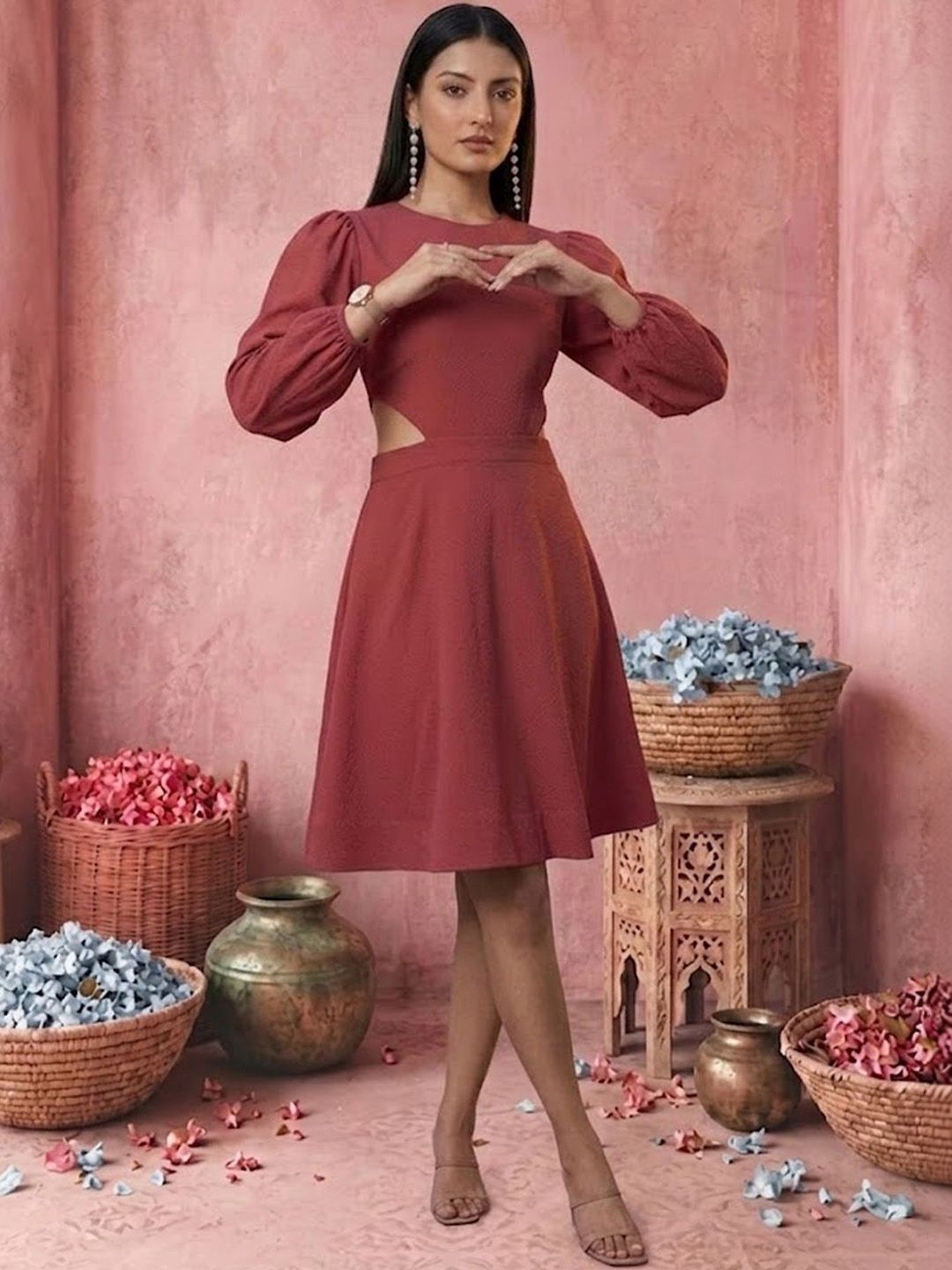 Sangria Round Neck A-Line Dress