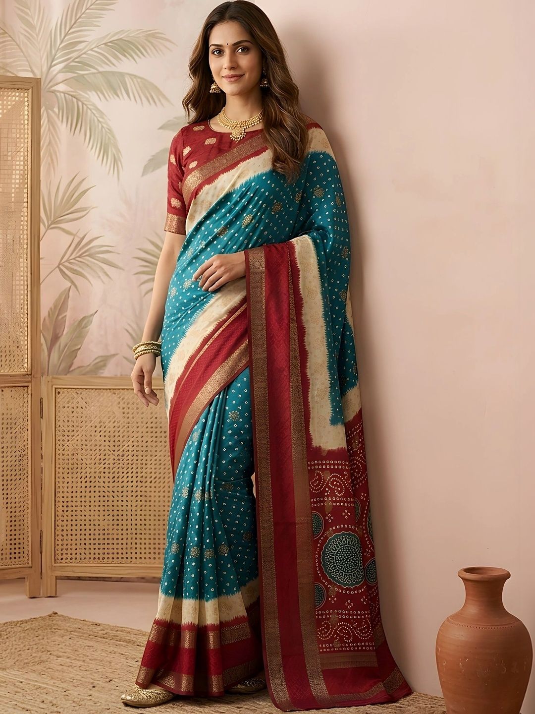 Sangria Silk Blend Designer Bandhani Saree Women