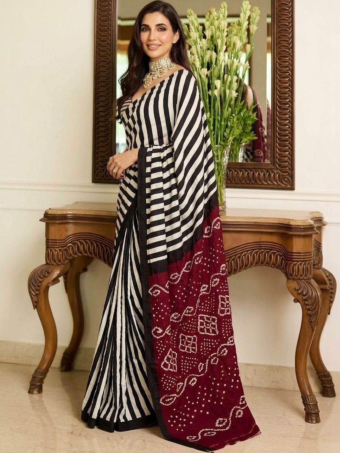 Sangria Striped Silk Bandhani Saree Women