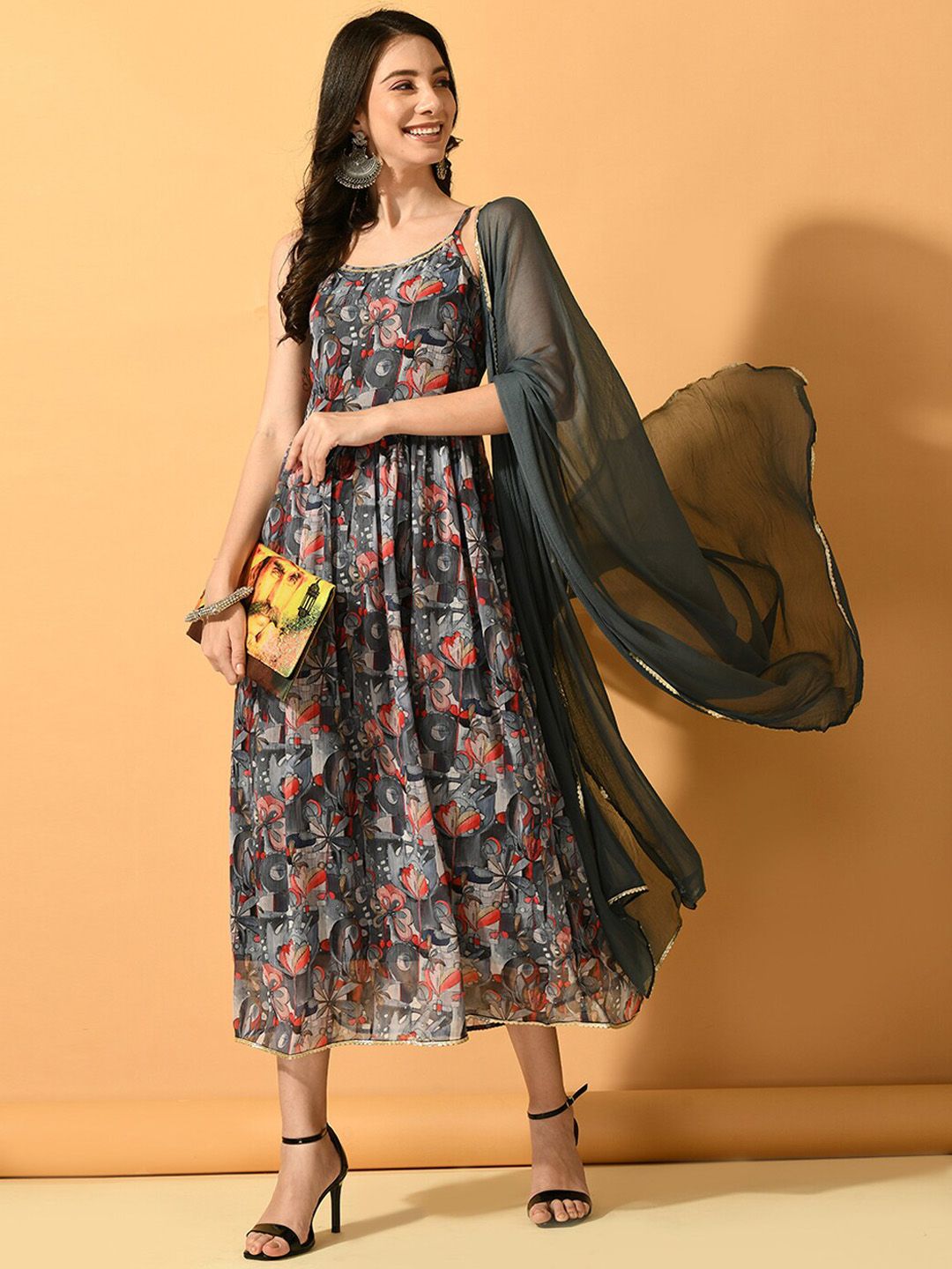 Shoulder Strap Floral Indo-Western & Ethnic Dress
