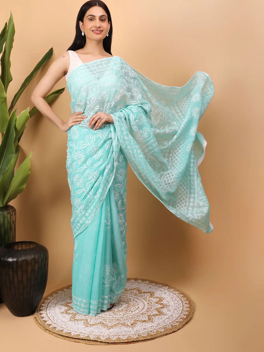 SHWET Cyan Kota Cotton Chikankari Sarees