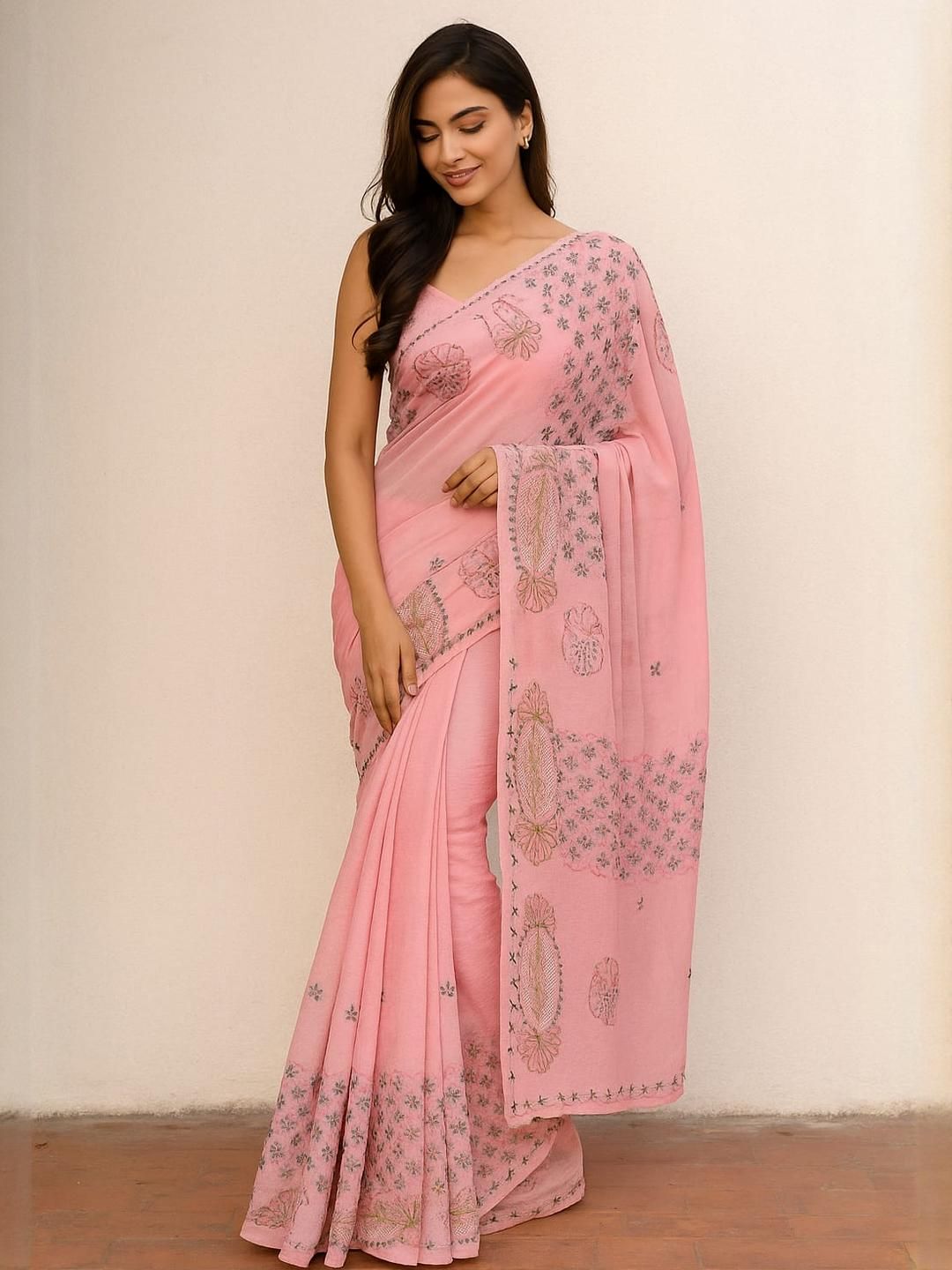 Silakaari Pink Cotton Chikankari Sarees