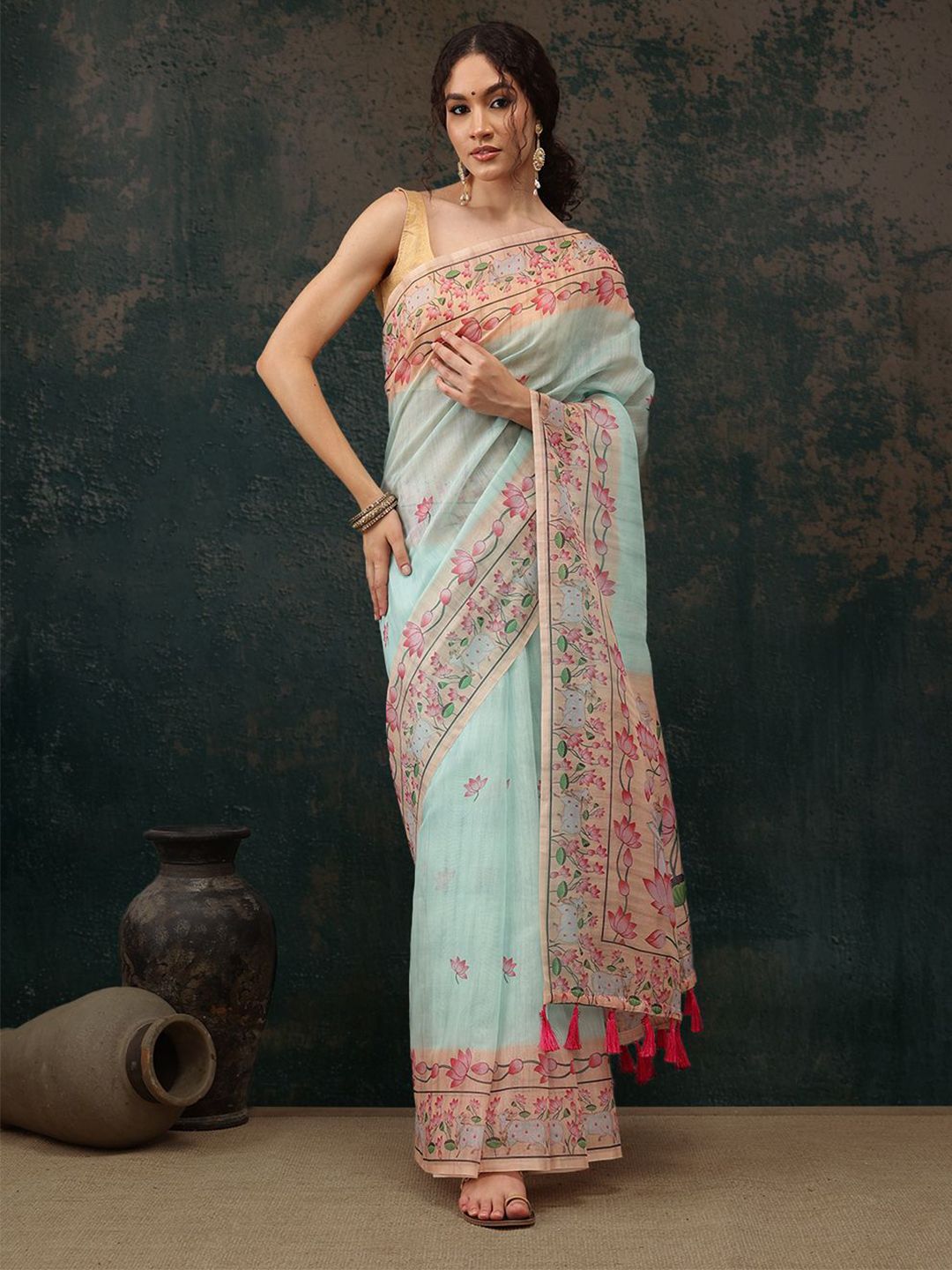 Silk Land Floral Chanderi Saree with Tassels
