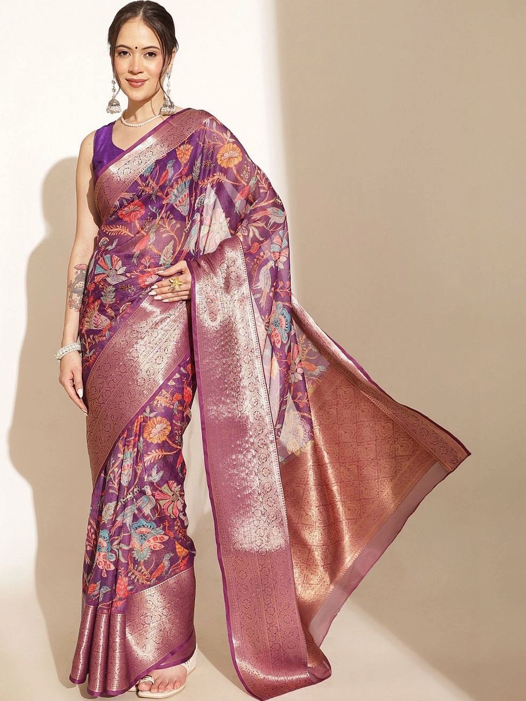Silk Land Zari Silk Blend Kalamkari Saree