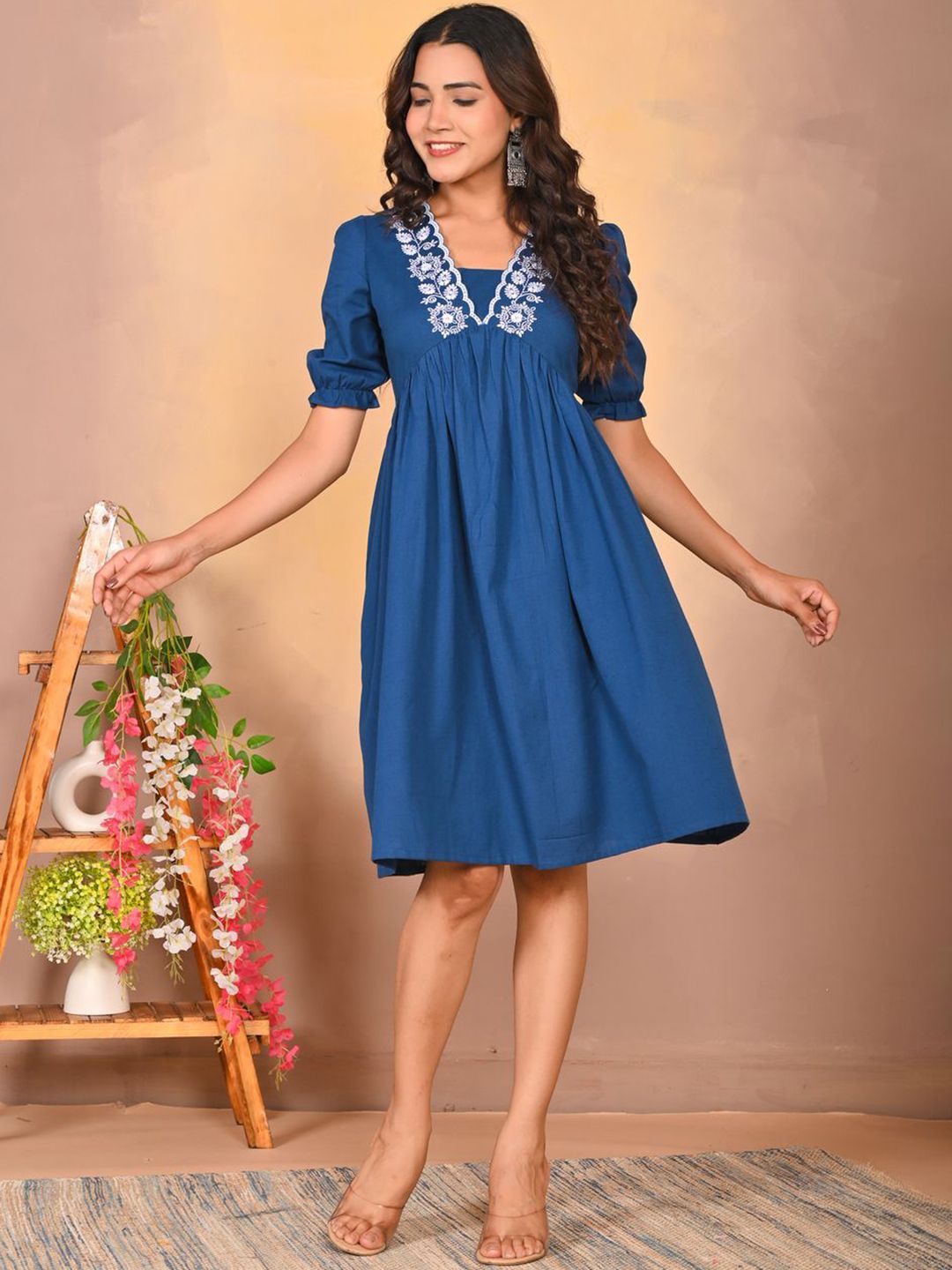 Solid Puff Sleeve Fit & Flare Dress