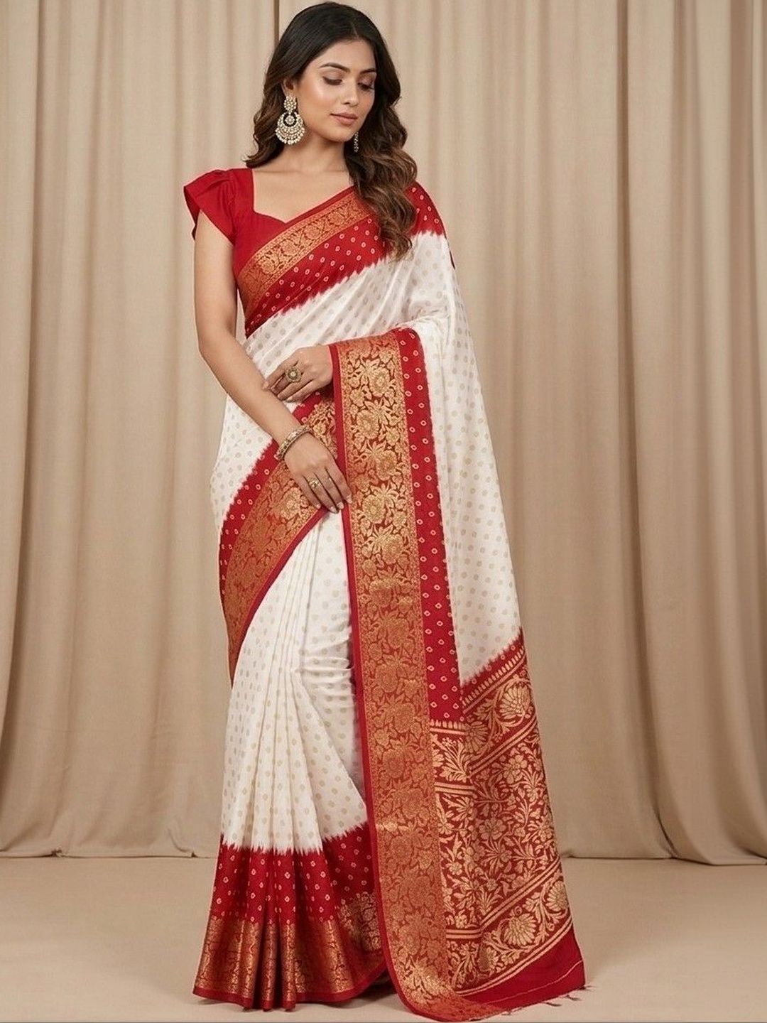 Superlaxmi White Dola Silk Bandhani Saree