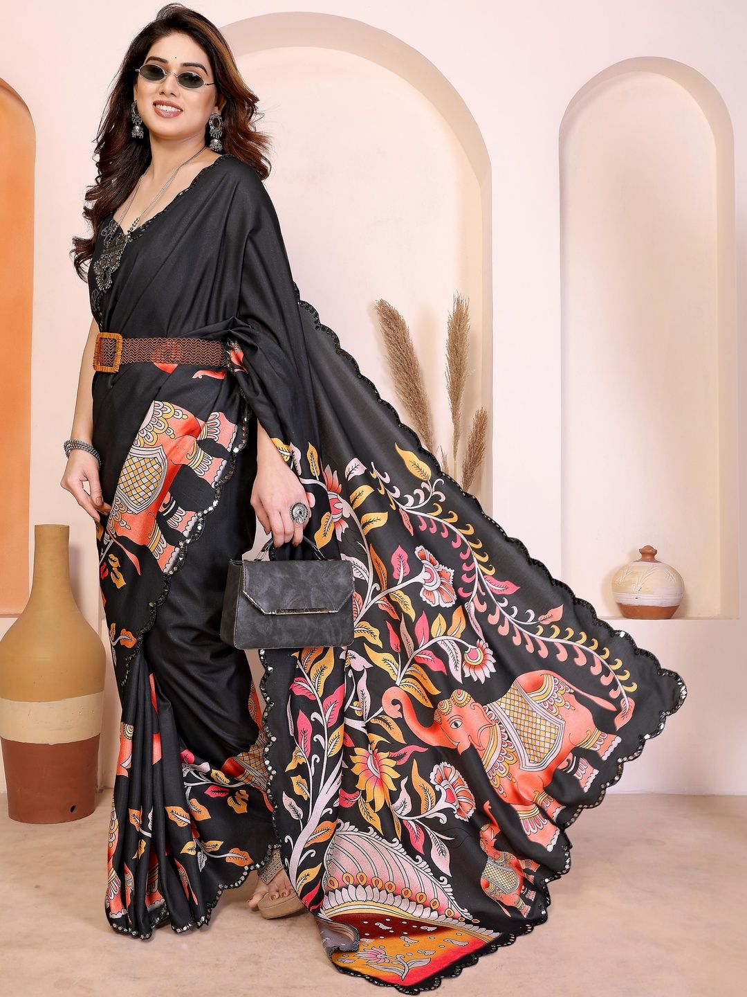 SZN Manipuri Mirror Work Printed Kalamkari Saree