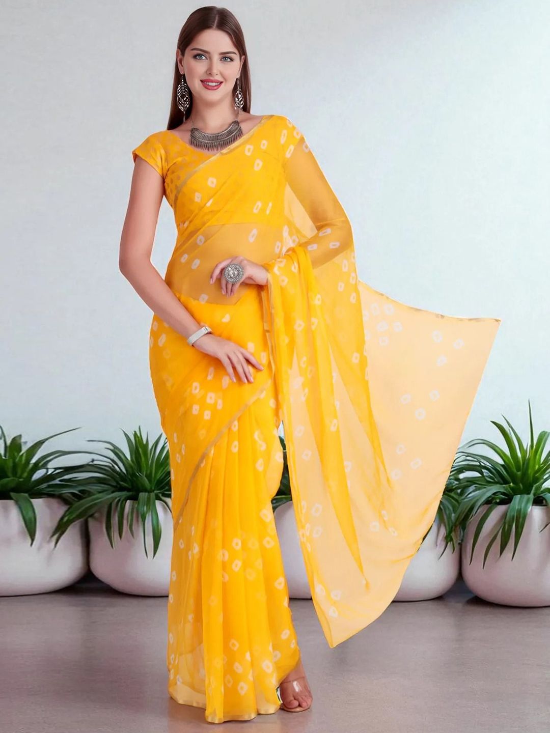 TRAQUILA Chiffon Bandhani Printed Saree