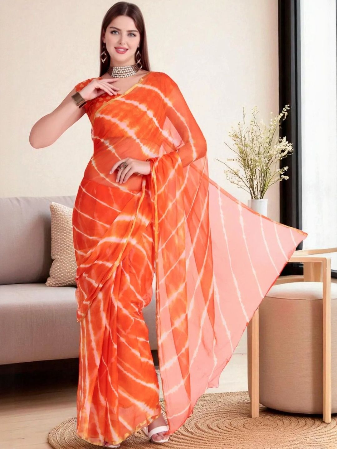 TRAQUILA Leheriya Chiffon Traditional Casual Saree For Women