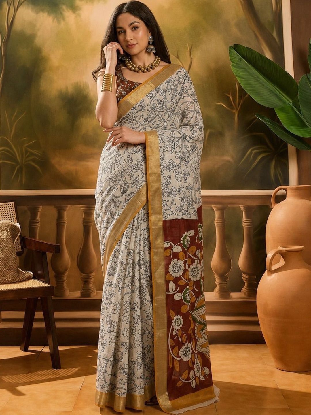 YUGAVEERAA Khadi Cotton Blend Kalamkari Saree