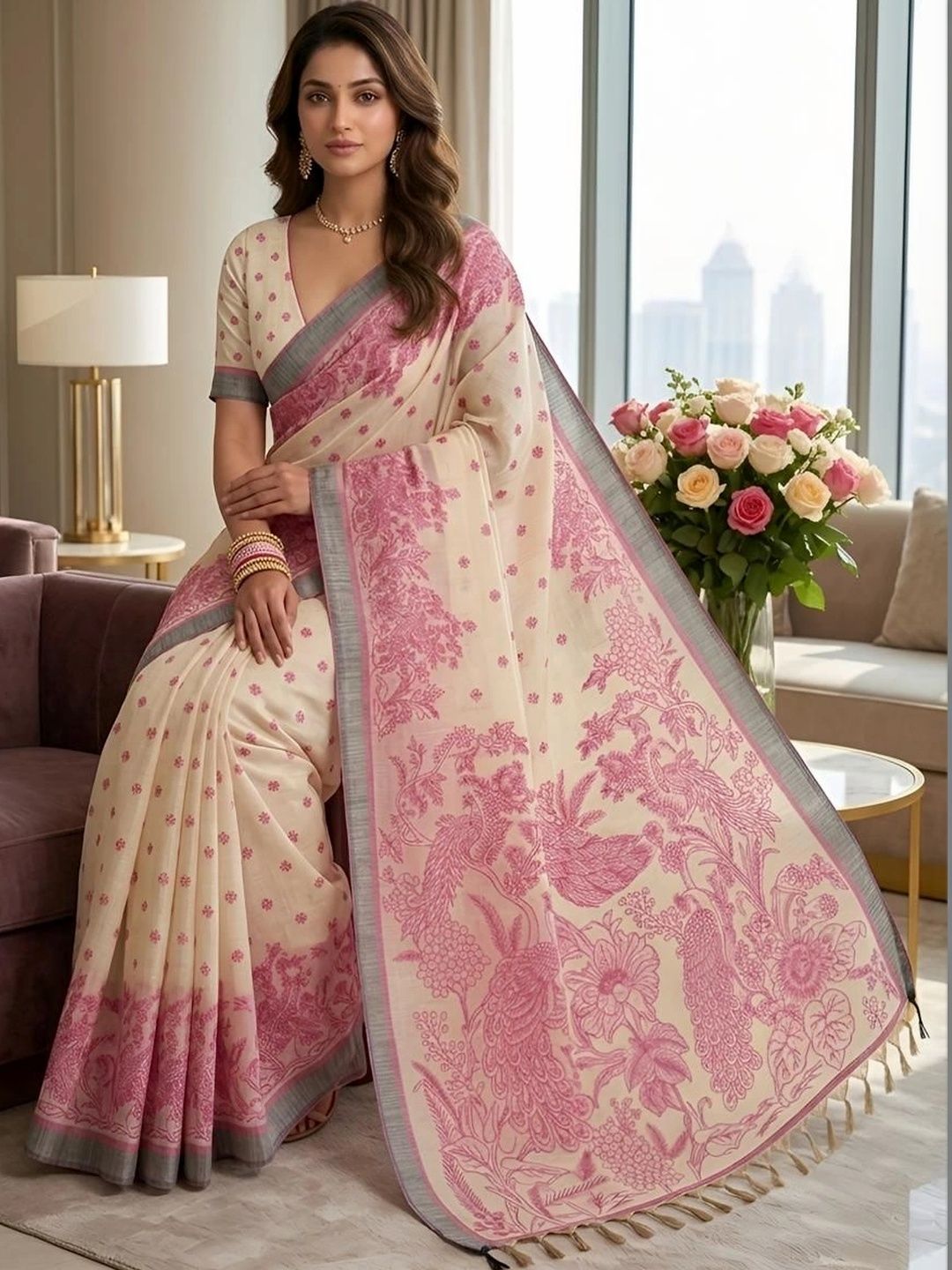 Zari Linen Blend Kalamkari Saree