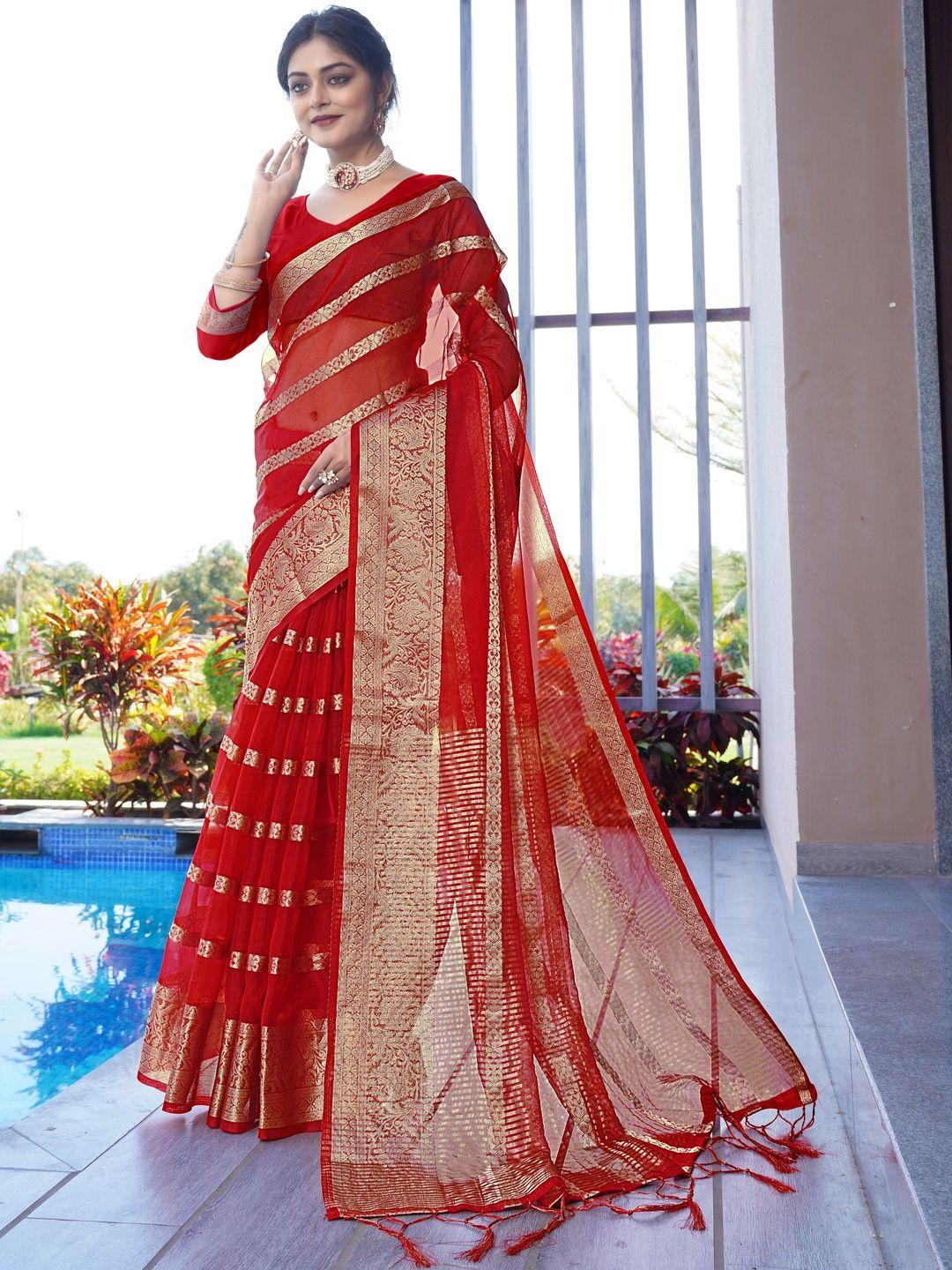 Zari Organza Bandhani Saree Women
