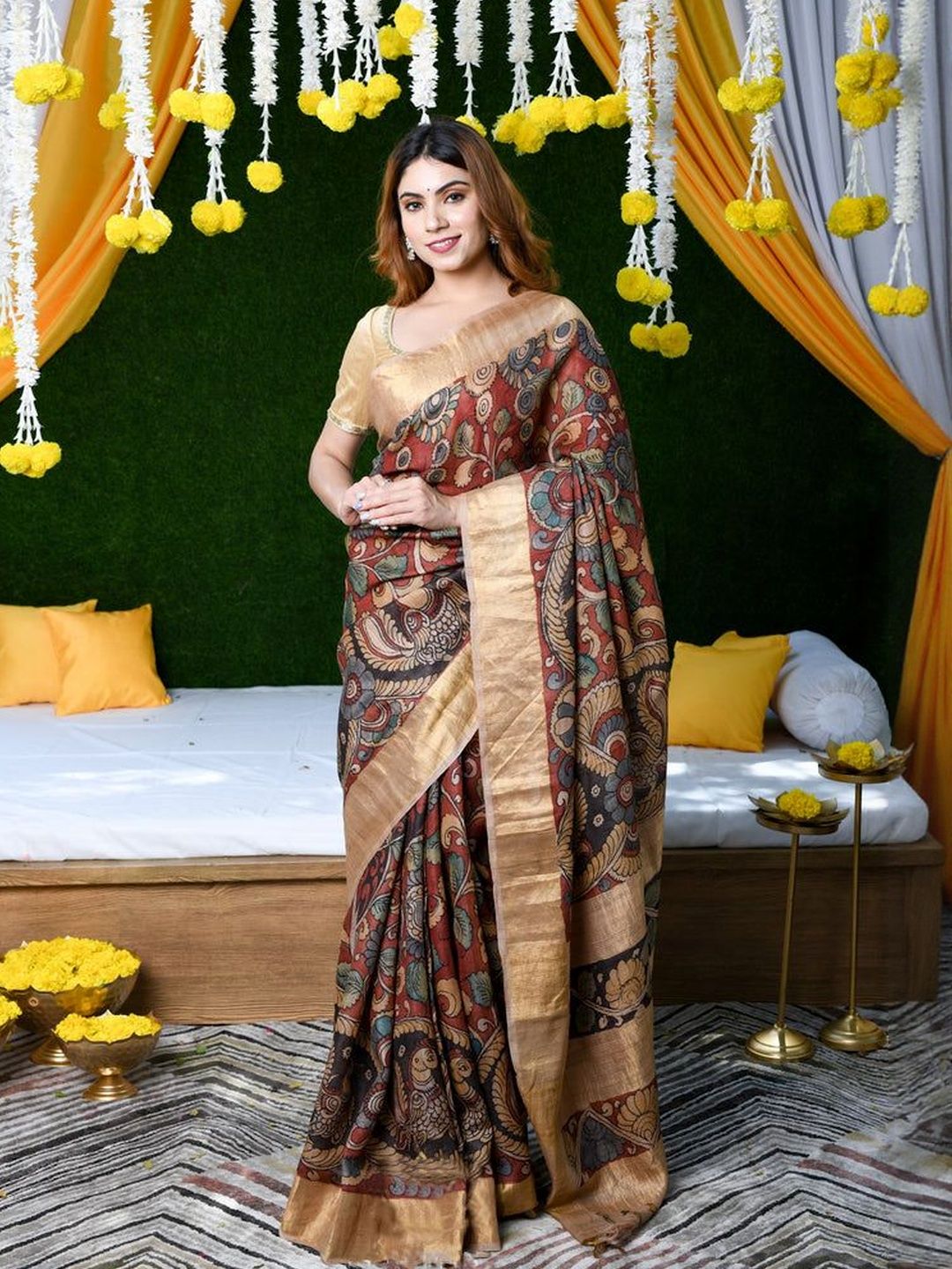 ZILVIRA Pure Linen Handloom Kalamkari Saree